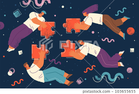 People flying in abstract imaginary space organizing puzzle pieces and different geometric shapes People flying in abstract imaginary space organizing puzzle pieces and different geometric shapes 103655655
