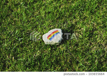 flat rock with a rainbow flag on the grass flat rock with a rainbow flag on the grass 103655664