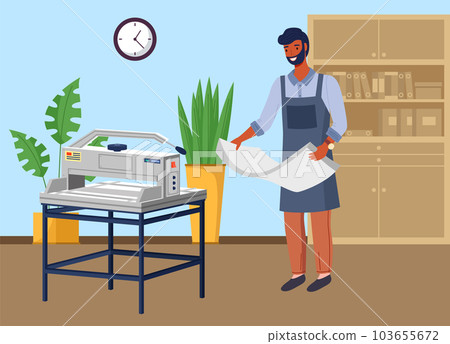 Man works with equipment cuts paper wide format. Printshop, typography and polygraphy office worker 103655672