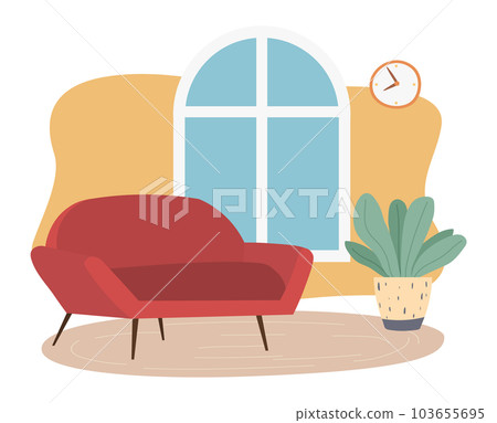 Living room interior design with red sofa and potted plant. Glazed window and a modern soft couch Living room interior design with red sofa and potted plant. Glazed window and a modern soft couch 103655695