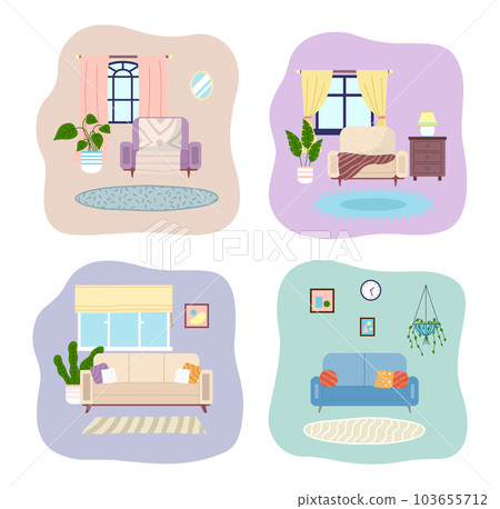 Set of illustrations about decoration of the living room. Arrangement of furniture and sofa at home Set of illustrations about decoration of the living room. Arrangement of furniture and sofa at home 103655712