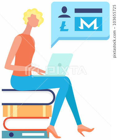Young woman working with laptop sitting on stack of book, makes money mining cryptocurrency Young woman working with laptop sitting on stack of book, makes money mining cryptocurrency 103655725