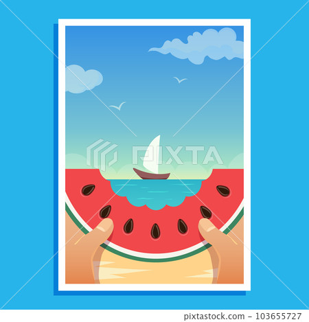 Landscape with human hands holding a piece of watermelon and a ship in the background Landscape with human hands holding a piece of watermelon and a ship in the background 103655727