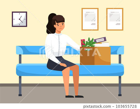 Unhappy upset young business woman holds a box with her things, sitting on the bench in corridor Unhappy upset young business woman holds a box with her things, sitting on the bench in corridor 103655728