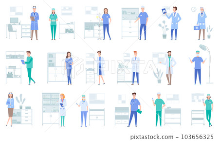 Set of illustrations about doctors work with equipment and instruments. Medical services concept 103656325