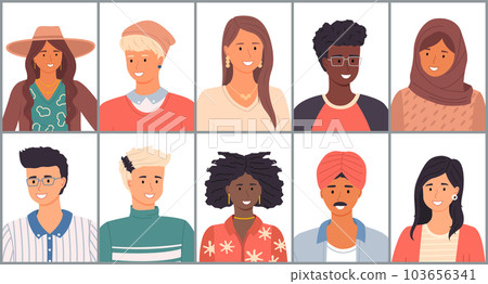 Set of avatars in flat design. Positive young people different nationalities. Stylish person faces Set of avatars in flat design. Positive young people different nationalities. Stylish person faces 103656341