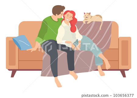 People in relationship sitting on sofa with their cat. Man and woman together relaxing on the couch People in relationship sitting on sofa with their cat. Man and woman together relaxing on the couch 103656377