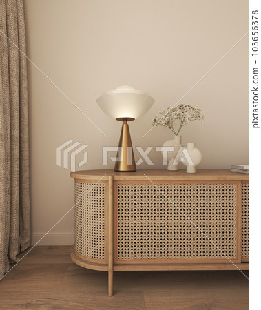 Commode with book, vase and lamp in livingroom interior. Light beige wall mock up background. 3d rendering. High quality 3d illustration Commode with book, vase and lamp in livingroom interior. Light beige wall mock up background. 3d rendering. High quality 3d illustration 103656378