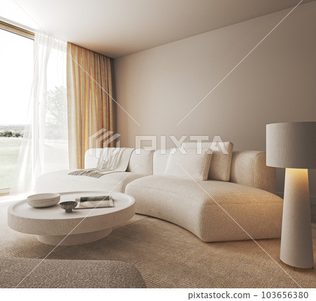 Creative modern minimalist interior living room with warm illumination, stone round table and large white lamp. Beautiful nature view. 3d rendering mock up. High quality 3d illustration 103656380