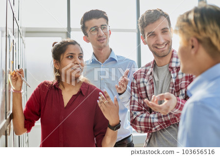 Girl office worker writes a plan near the blackboard. startup presentation. Girl office worker writes a plan near the blackboard. startup presentation. 103656516