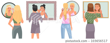 A set of illustrations on the theme of the morning routine. Women cleanse their skin in the bathroom A set of illustrations on the theme of the morning routine. Women cleanse their skin in the bathroom 103656517