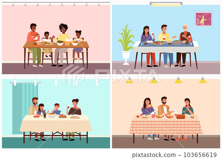 Set of illustrations on the topic of families in different countries dine on traditional food Set of illustrations on the topic of families in different countries dine on traditional food 103656619