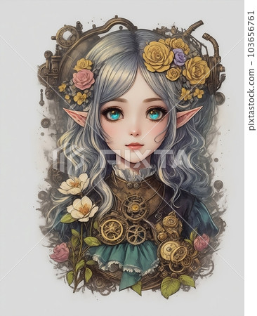 Nocturnal Majesty: Vintage Steampunk Elf Girl with Princess-like Aura, Golden Eyes, Midnight Hair, and Floral Splash Nocturnal Majesty: Vintage Steampunk Elf Girl with Princess-like Aura, Golden Eyes, Midnight Hair, and Floral Splash 103656761