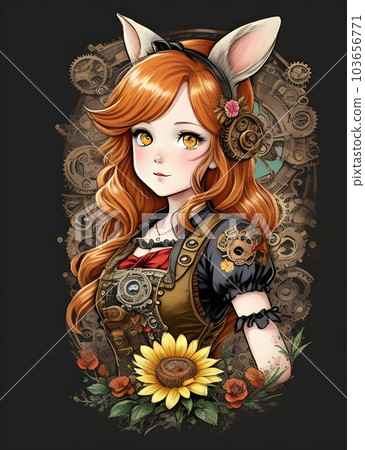 Gilded Whiskers: Vintage Steampunk Bunny Girl with Golden Eyes, Red Hair, and Floral Splash 103656771
