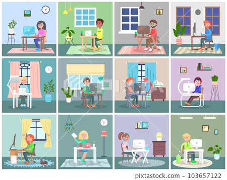 Large set of people working at computers. People work remotely while staying at home. Flat image Large set of people working at computers. People work remotely while staying at home. Flat image 103657122