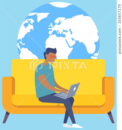 Man sitting with notebook near planet earth. Male character works with global network and Internet 103657179