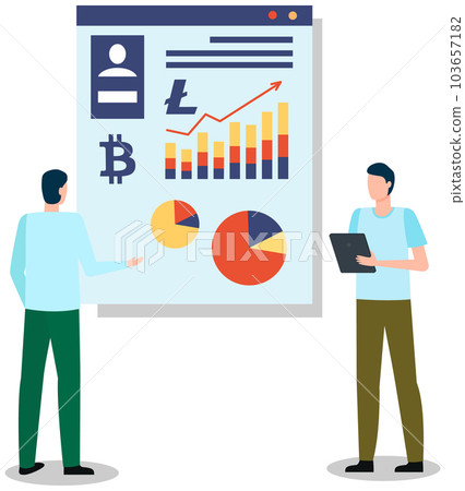 Businessmen finacial analysts giving presentation about blockchain technology using visual aids Businessmen finacial analysts giving presentation about blockchain technology using visual aids 103657182