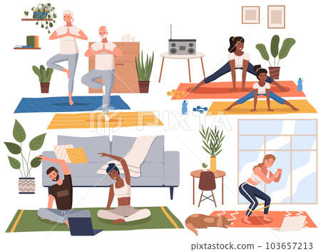 Sport at home scenes set. Training during quarantine. People go in for sports. Stay home concept Sport at home scenes set. Training during quarantine. People go in for sports. Stay home concept 103657213