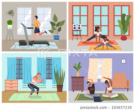 Sport at home scenes set. Training during quarantine. People go in for sports. Stay home concept Sport at home scenes set. Training during quarantine. People go in for sports. Stay home concept 103657230
