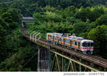 [Kisei Main Line] A local train crossing the Miseya Bridge in the evening sun 103657792
