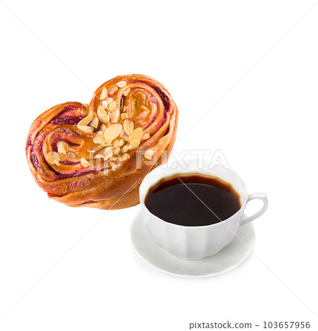 Coffee in a beautiful vintage cup and appetizing pastries isolated on white . 103657956