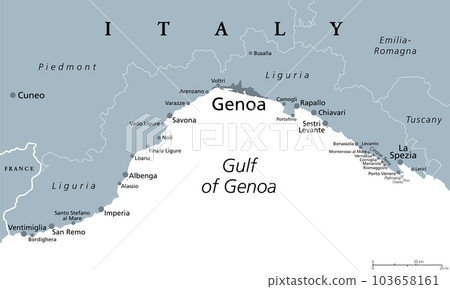 Liguria and the Italian Riviera, the Ligurian Riviera, gray political map. A region of north-western Italy, with capital Genoa. Coastal strip between Ventimiglia and La Spezia, on the Gulf of Genua. 103658161
