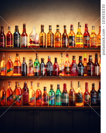 酒吧瓶架上擺滿了各種酒精飲料逼真的插圖 103658330