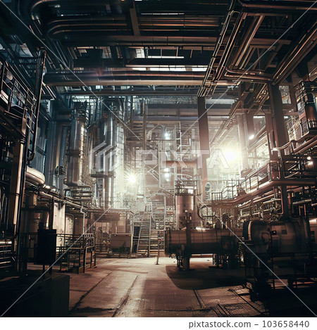 The interior of the industrial revolutionary factory is rusty and dilapidated  103658440