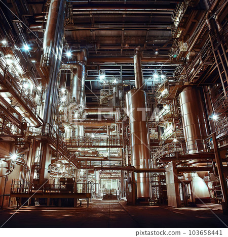 The interior of the industrial revolutionary factory is rusty and dilapidated  103658441