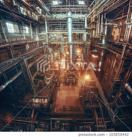 The interior of the industrial revolutionary factory is rusty and dilapidated  103658442