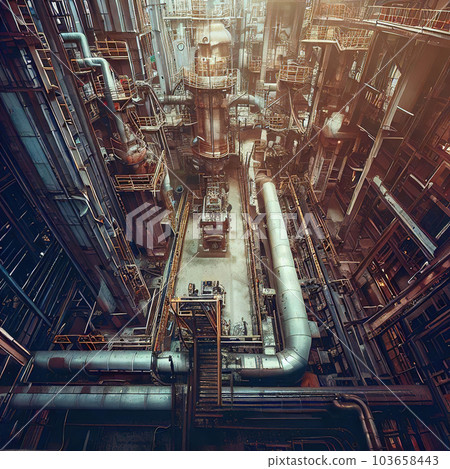 The interior of the industrial revolutionary factory is rusty and dilapidated  103658443