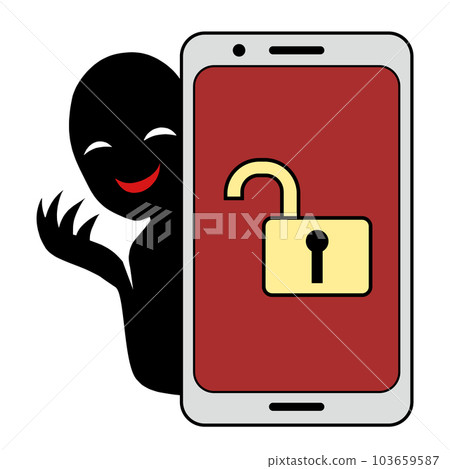 智能手機屏幕上解鎖的鑰匙圖標和反派圖像的插圖素材 103659587