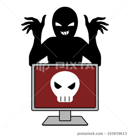 Illustration material of a person with a skull mark and a villain image on a computer screen Illustration material of a person with a skull mark and a villain image on a computer screen 103659613