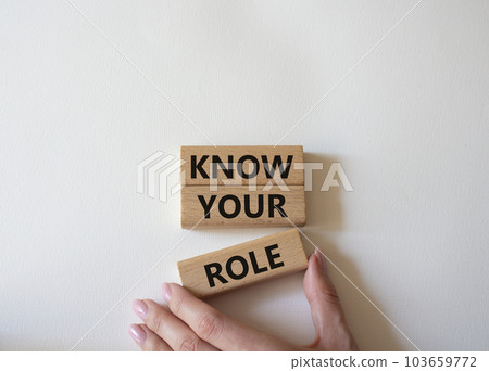 Know your role symbol. Wooden blocks with words Know your role. Beautiful white background. Businessman hand. Business and Know your role concept. Copy space. 103659772