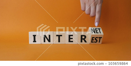Internet and Interest symbol. Businessman Hand points at wooden cubes with words Interest and Internet. Beautiful orange background. Business and Internet and Interest. Copy space Internet and Interest symbol. Businessman Hand points at wooden cubes with words Interest and Internet. Beautiful orange background. Business and Internet and Interest. Copy space 103659864