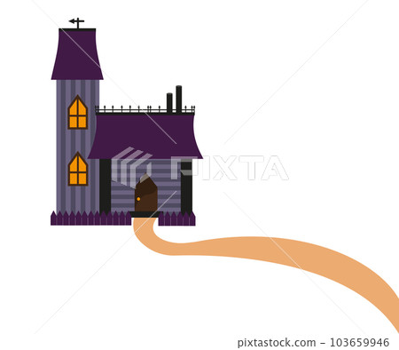 Small castle, house with a tower and a road. Victorian style, flat design vector illustration. Isolated halloween object. 103659946