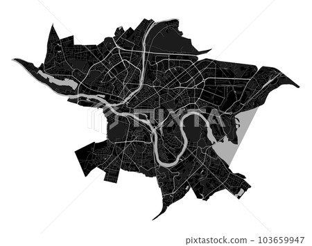 Kaunas city map, detailed administrative borders municipal black and white map. River Neman and Neris, roads and railway. 103659947
