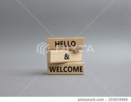Hello and Welcome symbol. Concept words Hello and Welcome on wooden blocks. Beautiful grey background. Business and Hello and Welcome concept. Copy space. Hello and Welcome symbol. Concept words Hello and Welcome on wooden blocks. Beautiful grey background. Business and Hello and Welcome concept. Copy space. 103659966