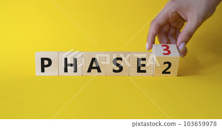 From Phase 2 to 3 symbol. Businessman Hand turns cubes and changes words Phase 2 to Phase 3. Beautiful yellow background. Business and Phase concept. Copy space From Phase 2 to 3 symbol. Businessman Hand turns cubes and changes words Phase 2 to Phase 3. Beautiful yellow background. Business and Phase concept. Copy space 103659978