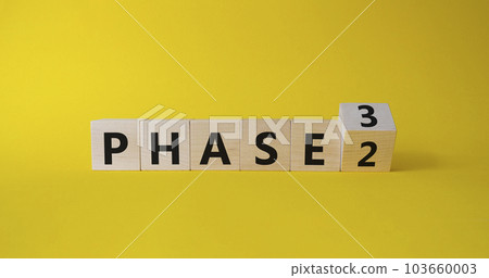 From Phase 2 to 3 symbol. Wooden cubes with words Phase 2 and Phase 3. Beautiful yellow background. Business and Phase concept. Copy space From Phase 2 to 3 symbol. Wooden cubes with words Phase 2 and Phase 3. Beautiful yellow background. Business and Phase concept. Copy space 103660003
