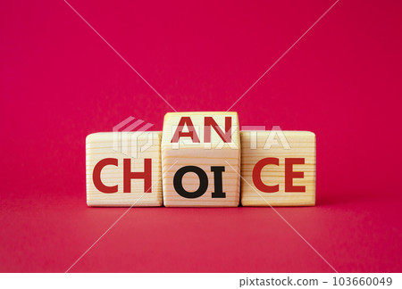 Chance and Choice symbol. Wooden cubes with words Choice and Chance. Beautiful red background. Chance and Choice and business concept. Copy space 103660049