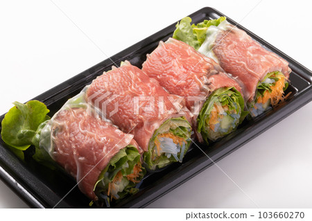 Roast beef raw spring roll 103660270