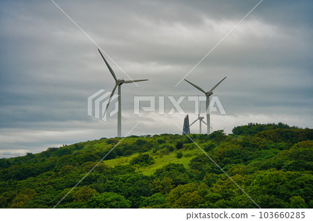 Landscape photo of Hokkaido Dawn Pagoda and windmill in Kaminokuni town in Donan, Hokkaido 103660285