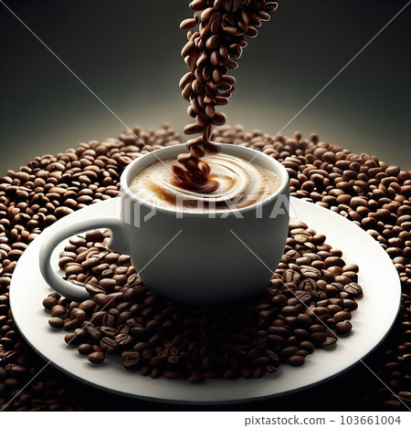 coffee cup on a plate, a wave of a little coffee beans hit cup coffee cup on a plate, a wave of a little coffee beans hit cup 103661004