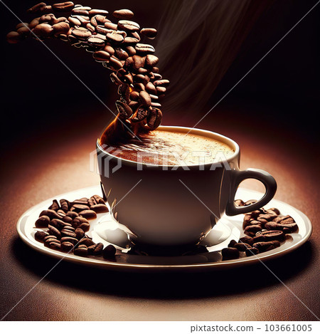 coffee cup on a plate, a wave of a little coffee beans hit cup coffee cup on a plate, a wave of a little coffee beans hit cup 103661005