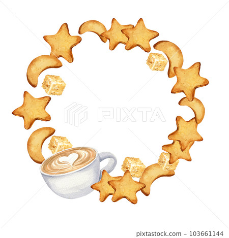 watercolor round border with cup of coffee, cookies, biscuit. hand drawn illustration of cappuccino, frame, wreath of coffee theme isolated on white background 103661144