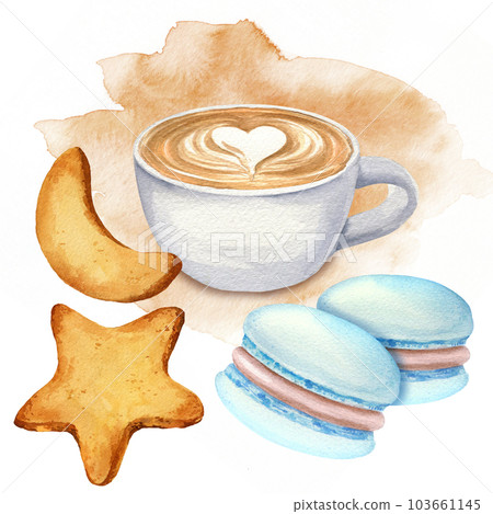 watercolor set of cup of coffee, cookies, macaroon, biscuit. hand drawn illustration of cappuccino, collection of coffee theme on watercolor splash background 103661145