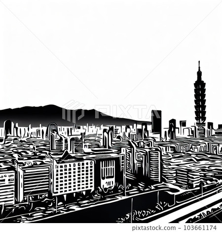 urban city skyline,thick black lines style cooloring , black and white COPY SPACE  103661174