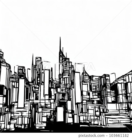 urban city skyline,thick black lines style cooloring , black and white COPY SPACE  103661182