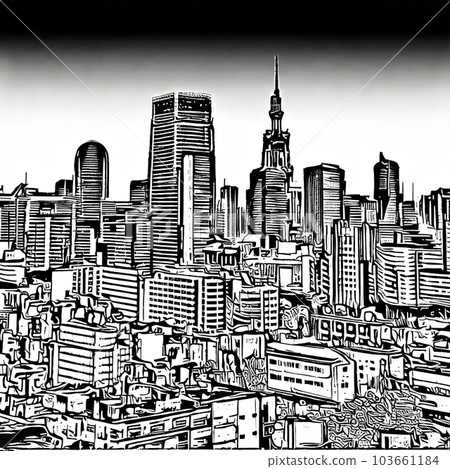 urban city skyline,thick black lines style cooloring , black and white COPY SPACE urban city skyline,thick black lines style cooloring , black and white COPY SPACE 103661184